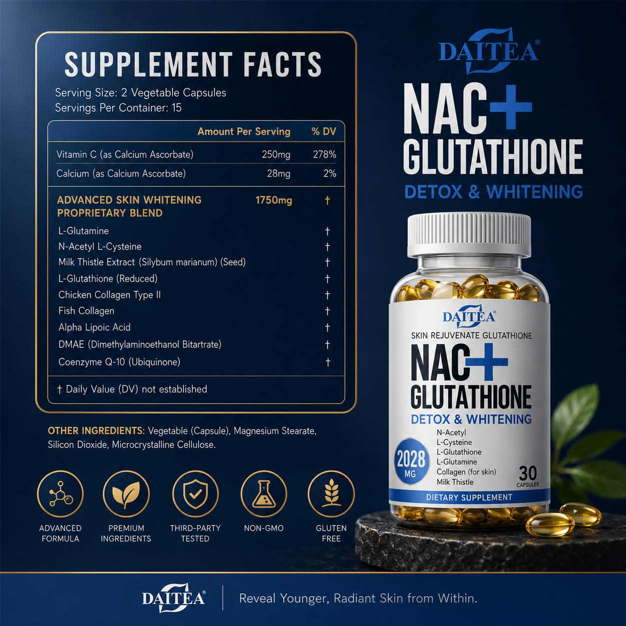 NAC+ Glutathione Capsules Antioxidant, Kidney and Liver Cleansing, Detoxification & Repair, Skin Whitening Cell Growth, Immunity