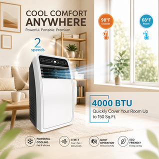 Premium Portable Air Conditioner 4000 BTU | Quiet Cooling, Fan & Dehumidifier for Bedroom, Living Room & Office