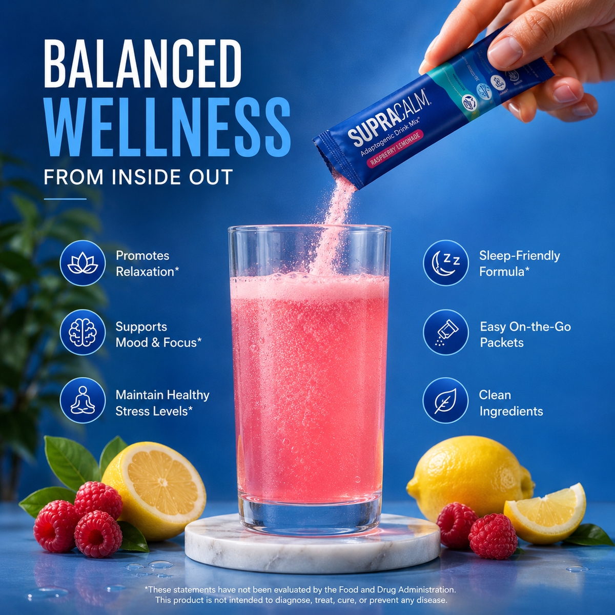 SUPRACALM™ Adaptogenic Drink Mix – Raspberry Lemonade | Stress & Sleep Support Sachets