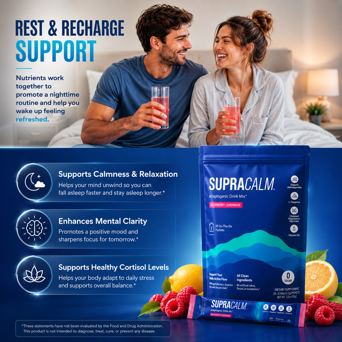 SUPRACALM™ Adaptogenic Drink Mix – Raspberry Lemonade | Stress & Sleep Support Sachets