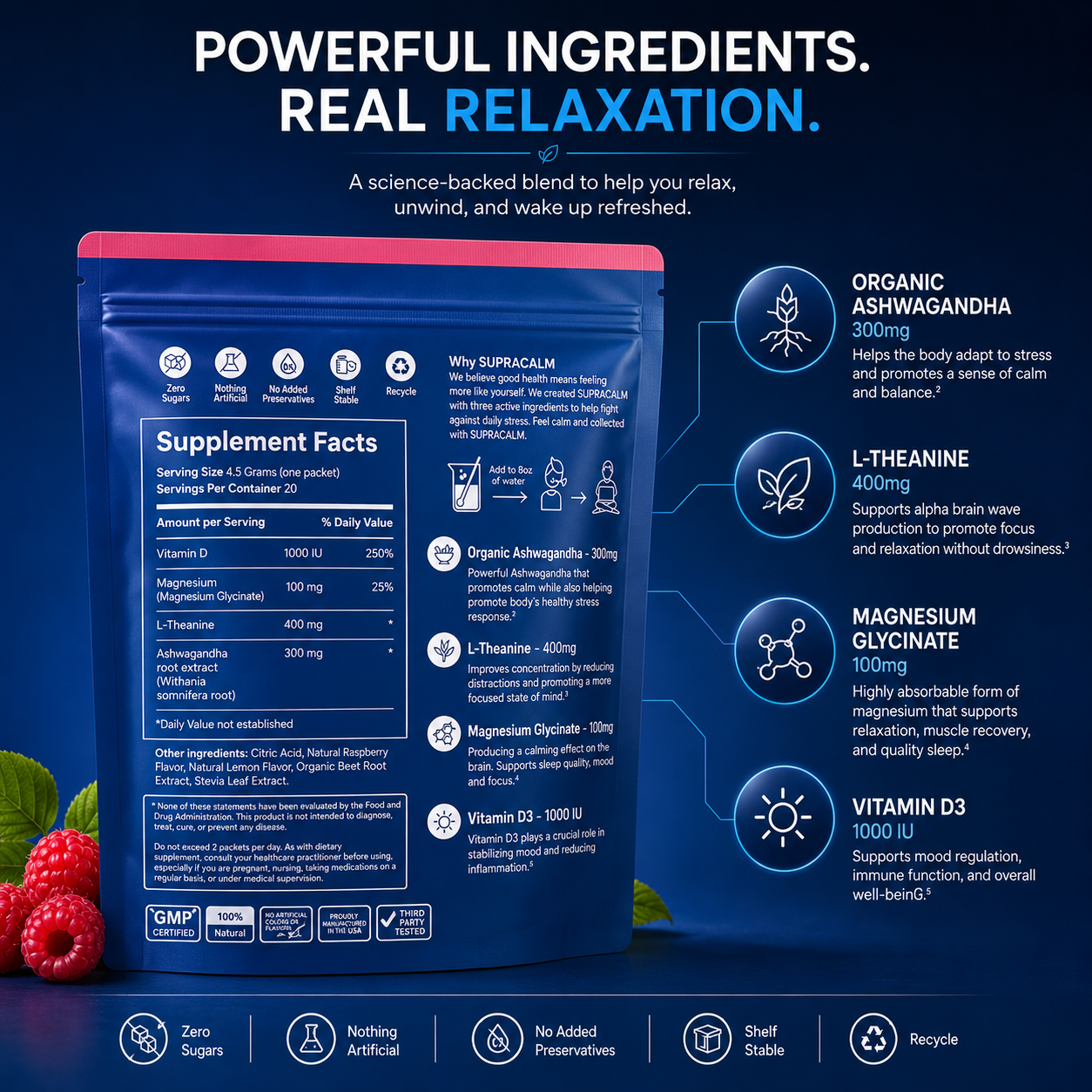 SUPRACALM™ Adaptogenic Drink Mix – Raspberry Lemonade | Stress & Sleep Support Sachets