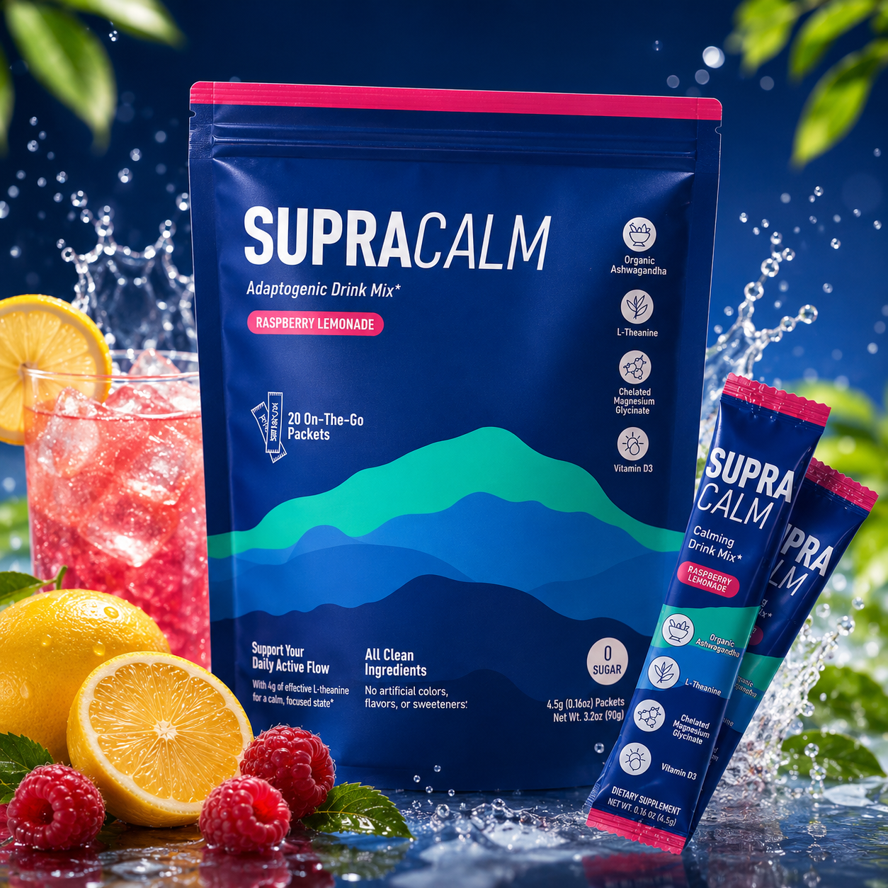 SUPRACALM™ Adaptogenic Drink Mix – Raspberry Lemonade | Stress & Sleep Support Sachets