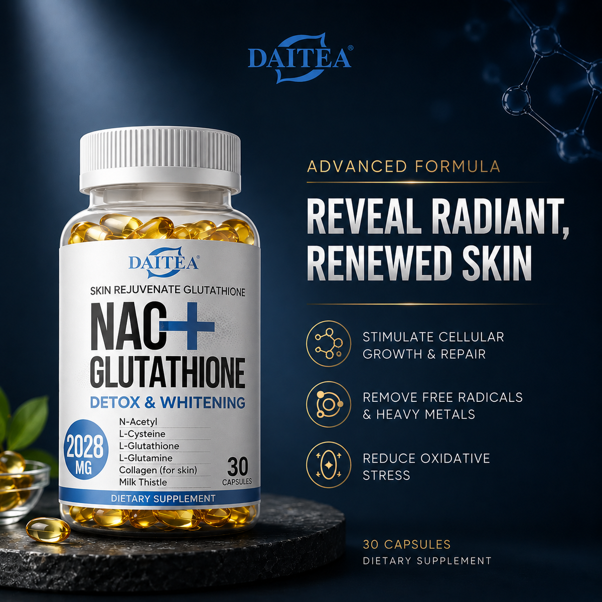 NAC+ Glutathione Capsules Antioxidant, Kidney and Liver Cleansing, Detoxification & Repair, Skin Whitening Cell Growth, Immunity